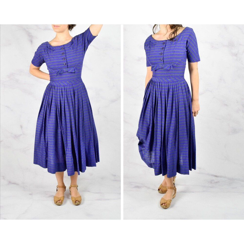 1950s Striped Silk Dress Size Small 50s Silk Noil Fit and Flare Dress